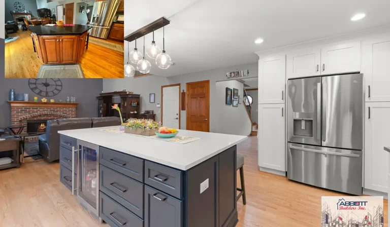 Kitchen remodel showing outdated wood cabinetry replaced with modern white cabinets, island, and stainless steel appliances.