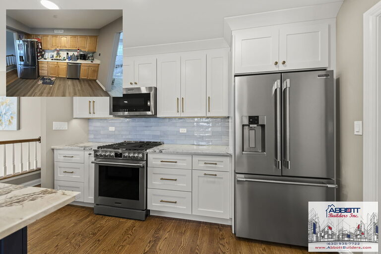 Kitchen remodel in Lombard IL with white shaker cabinets, stainless steel appliances, marble countertops, and blue backsplash by Abbott Builders Inc.