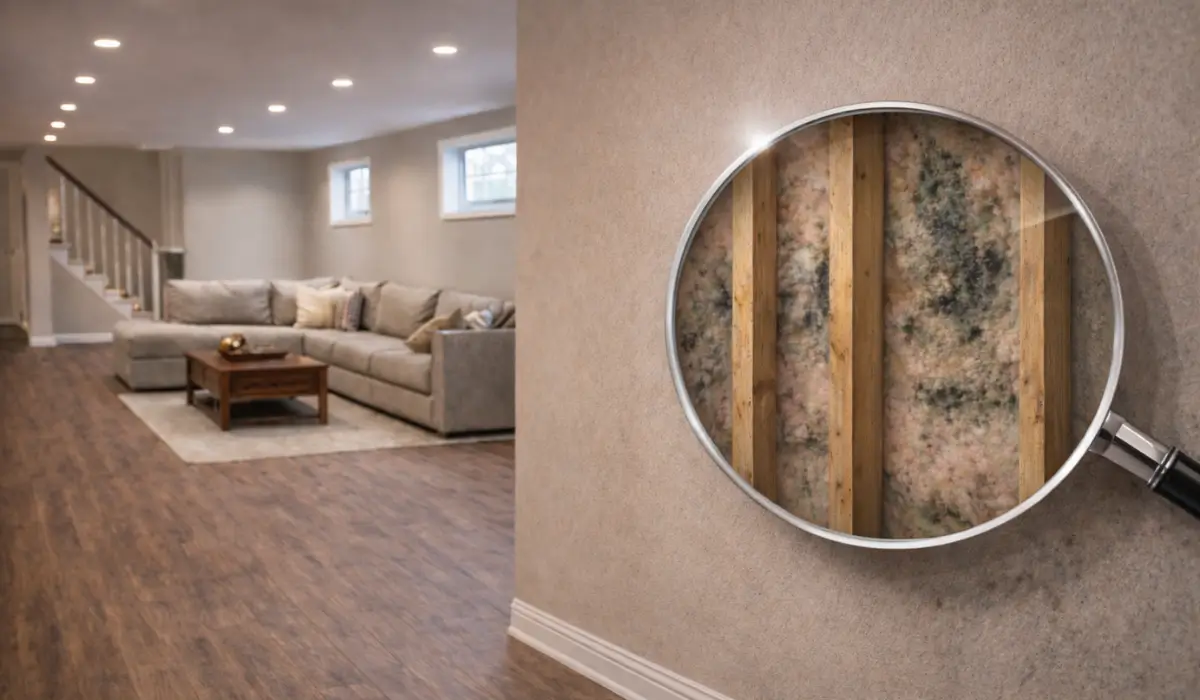 Finished basement with hidden moisture problems behind wall shown using magnifying glass revealing mold and damp insulation