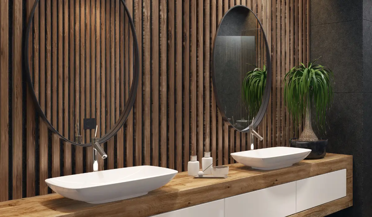 Spa-like bathroom vanity with wood finish vessel sinks and warm layered lighting