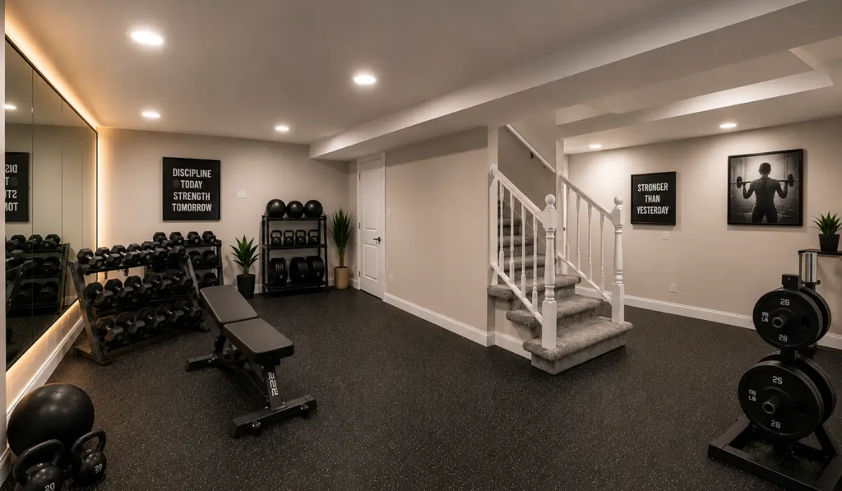 Home Fitness Room with mirrored walls, rubber flooring, weights, and organized basement workout equipment layout.
