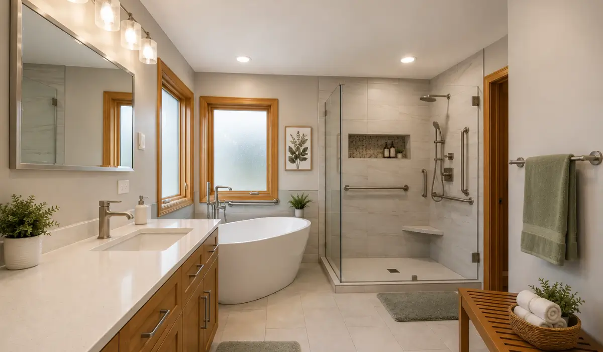 Bathroom Remodels featuring accessible walk-in shower, grab bars, and spacious layout supporting safer independent living