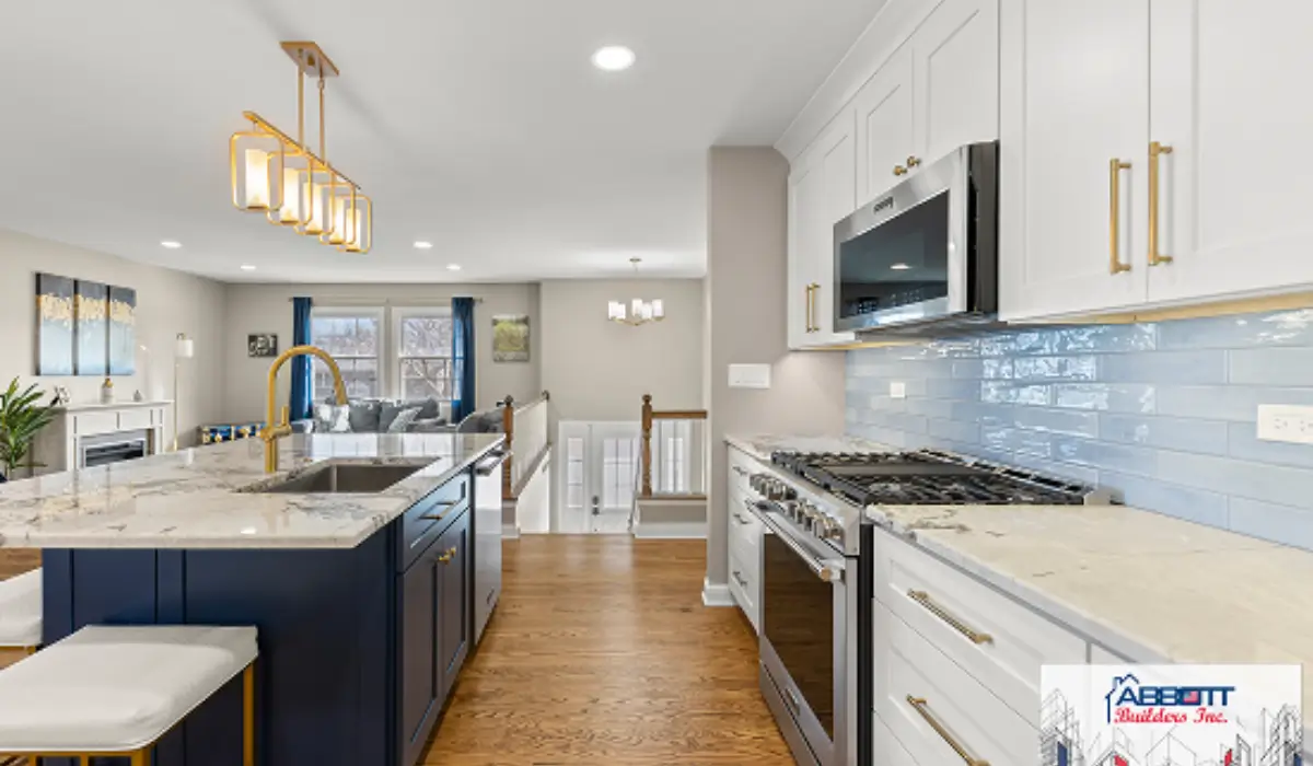 Modern Kitchen Cabinets with white storage, blue island cabinetry, and deep drawers in remodeled kitchen
