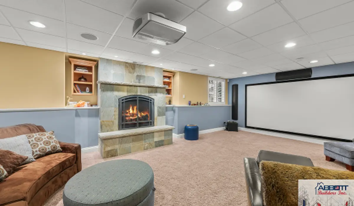 Remodel Your Basement into a finished entertainment space with seating, fireplace, lighting, and home theater.