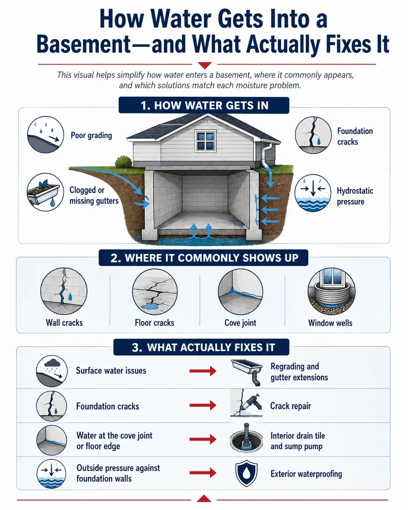 Infographic showing how water enters a basement, common moisture problem areas, and basement waterproofing solutions.