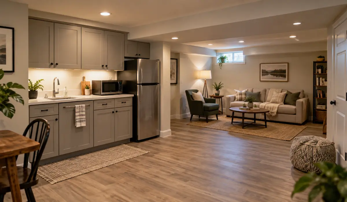 Basement kitchenette with sink, cabinets, microwave, refrigerator, and open living area for guests and family use.